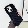 thumbnail image 2 of Compatible with iPhone 15 Plush Case Stripe Pattern Fluffy Fuzzy Furry Warm Plush Phone Case Girly Women Girls Smooth Cozy Winter Soft TPU Warm Hair Fur Shockproof Phone Cover, Black, 2 of 11