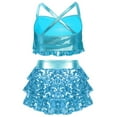 thumbnail image 2 of YUUMIN Kids Girls Lyrical Jazz Hip Hop Dance Sets Shiny Sequins Sleeveless Halter Crop Top with Waist Skirt Light Blue 6, 2 of 7