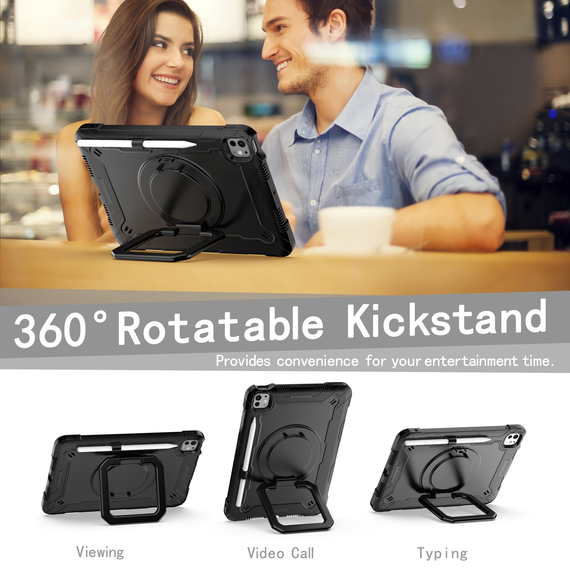 Allytechgroup Shockproof Case for Apple iPad Pro 11 Inch 2024 M4, with Shoulder Strap Pencil Holder Rotating Stand Handle Kids Friendly Heavy Duty Protection Cover for iPad Pro 11" 2024,Black