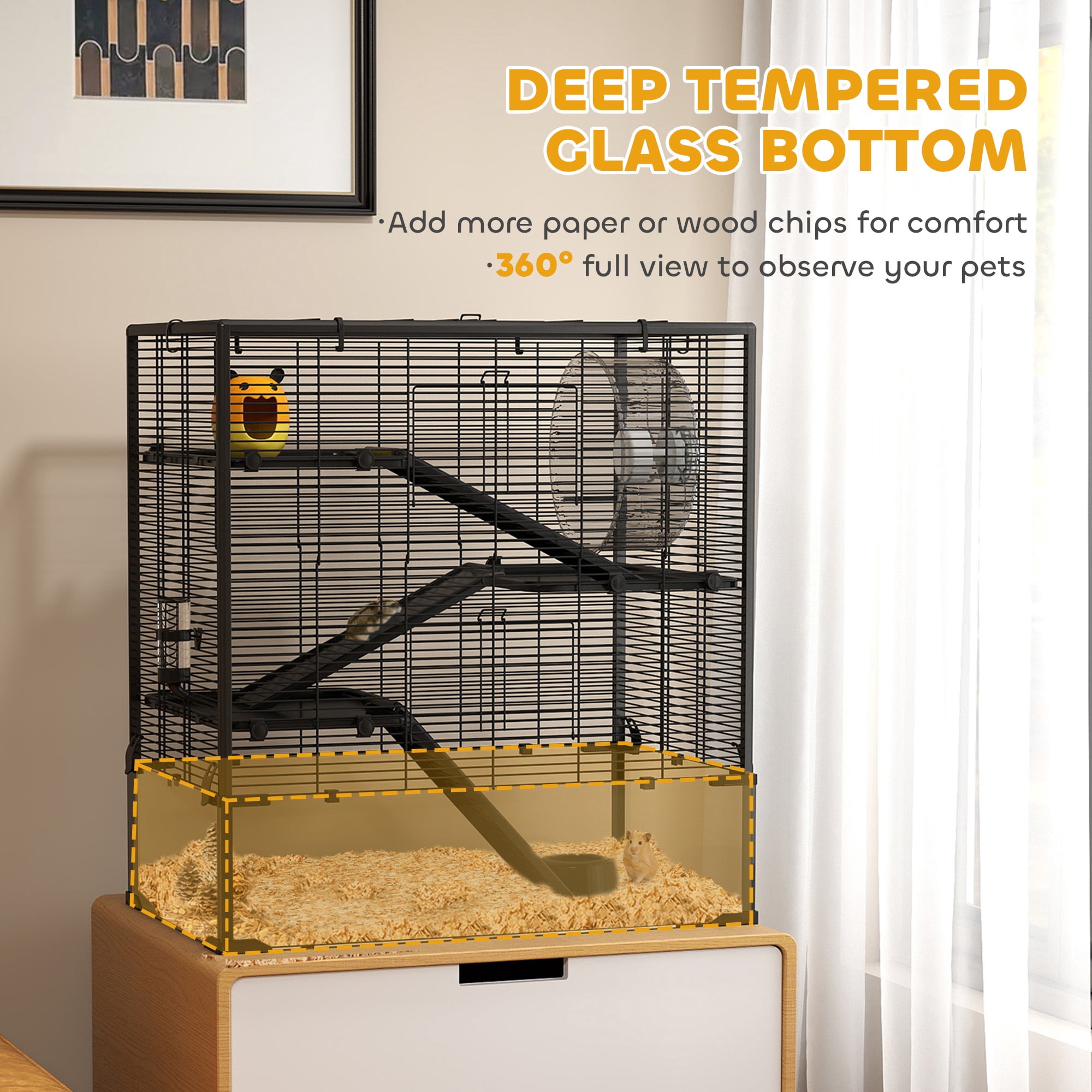 PawHut Deep Glass Bottom Hamster Cage, 4 Tiers Hamster Tank with Running Wheel, Hut, Water Bottle, Food Dish, Rat Cage, Black, 31" x 19" x 31.5"