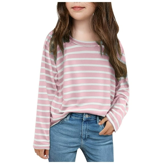 Big Girls Clothes T Shirts For Girls Girls Casual Long Sleeve T Shirts Basic Crewneck Striped Tunic Blouses Tops Kids Fall Tops Tees Pink 5-6 Years