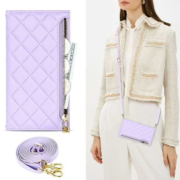 ELEHOLD for iPhone 12 Pro / 12 6.1" Wallet Case,Card Slot Zipper Purse Adjustable Crossbody Strap Stand Function PU Leather Shockproof Wallet Case, purple