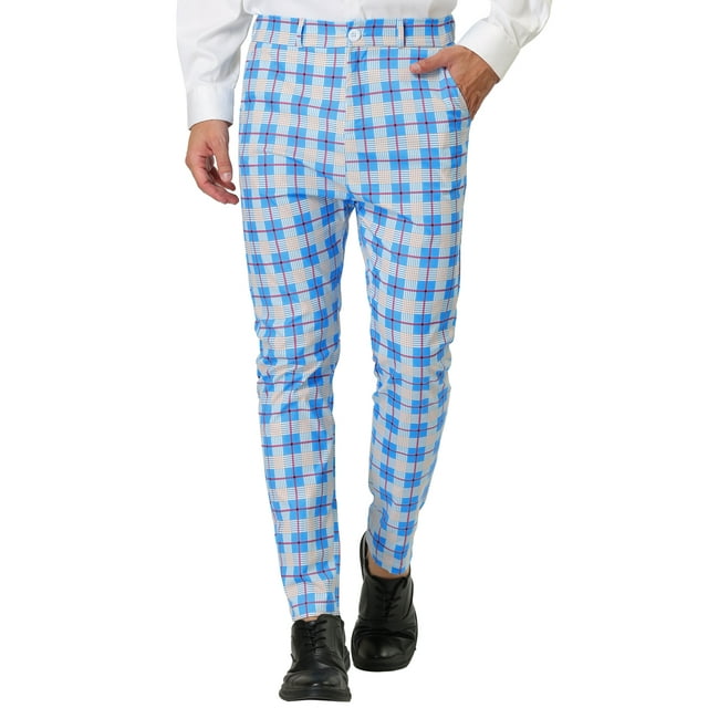 INSPIRE CHIC Men's Formal Color Block Slim Fit Flat Front Plaid Dress Pants Gray Blue 28