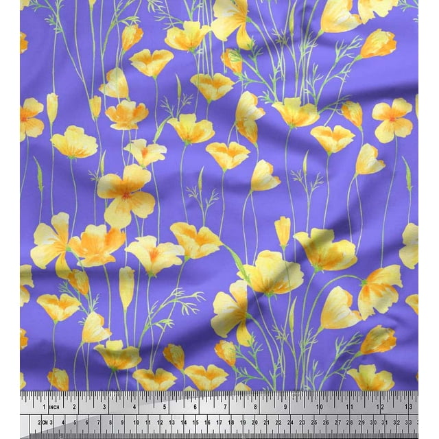 Soimoi Satin Silk Fabric Buttercup Floral Print Sewing Fabric Yard 42 Inch Wide