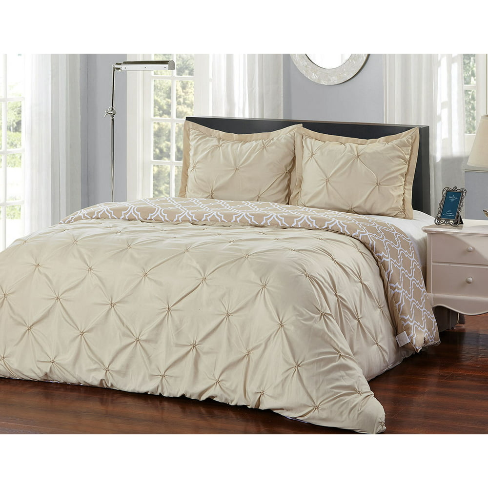 Unique Home 3 Piece Taupe Pinch Pleat reversible comforter Set (Taupe