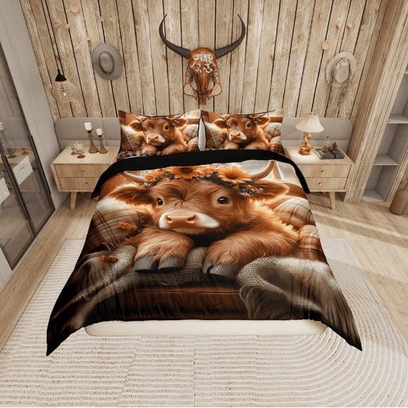 Erosebridal Highland Cow Comforter Cover Twin, Western Cowboy Cowgirl Bedding Twin Size, Farmhouse Decorative, Reversible 2 Pieces (No Comforter)