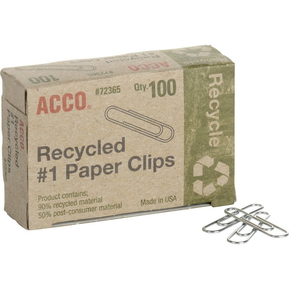 ACCO® Paper Clips, 1000 Total, Silver, Recycled, 100 Per Box, Pack Of 10 Boxes