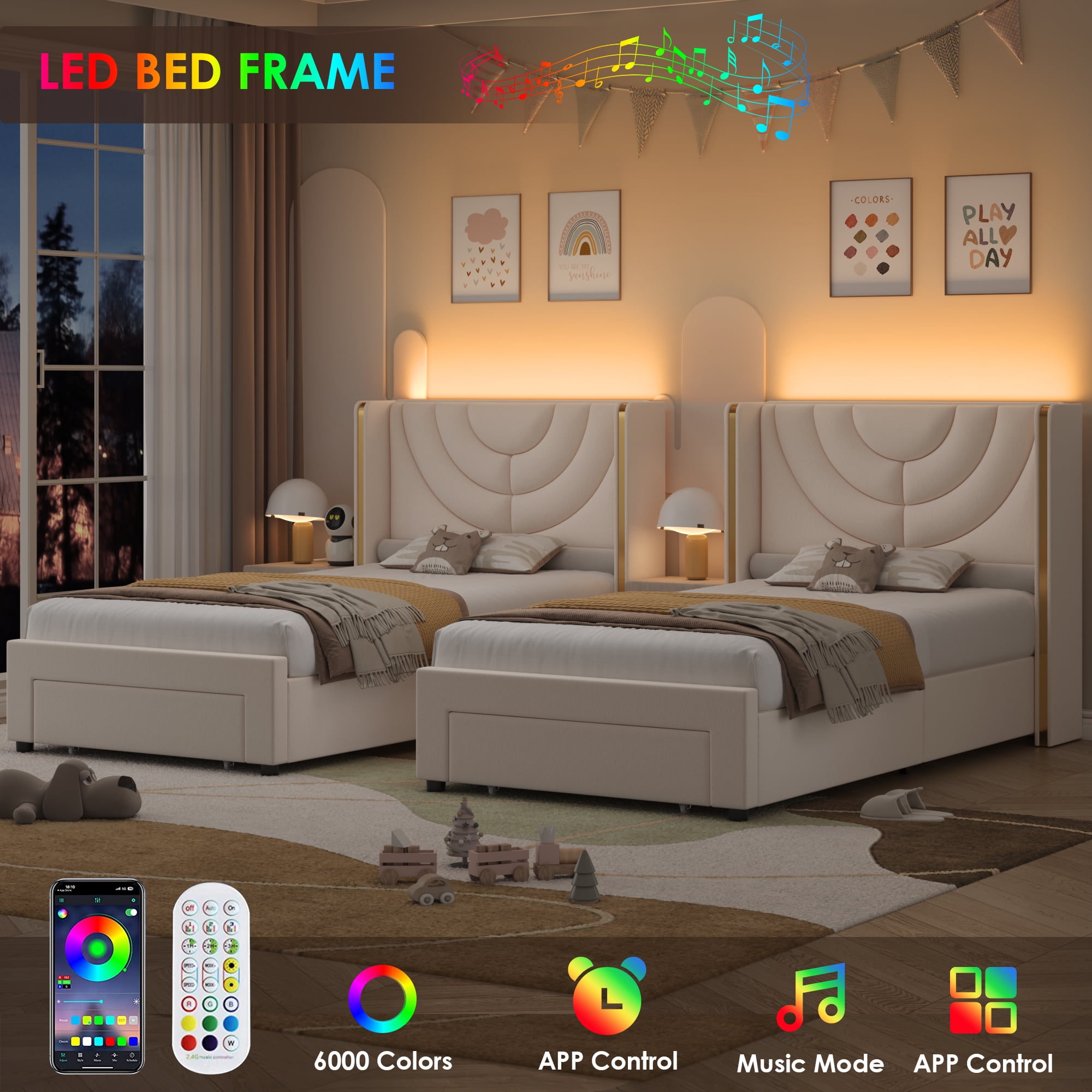 Homfa Twin Size LED Bed Frame with Storage, Wingback Platform Bed with Velvet Upholstered Headboard, Off-White
