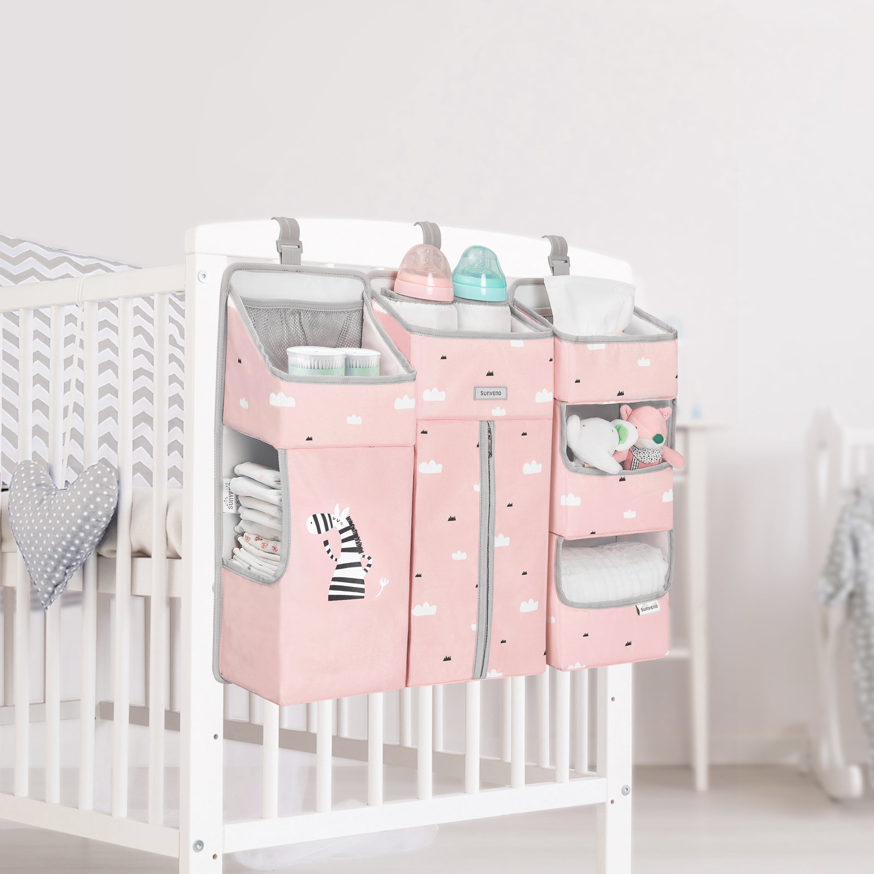 Sunveno 3-in-1 Fabric Crib Nursing Organizer for Baby Essentials, Pink Nursing Set
