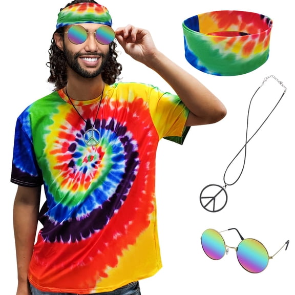 Hippie Costume for Men 60s 70s colorful T-shirt sunglasses headband Peace necklace 4-piece theme party