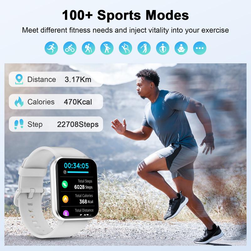 Smart Watch for Men Women, 1.85" HD Touchsreen, Bluetooth Calling, 1ATM Water-Resistance, 130+ Sports Modes, Health, Fitness & Sleep Tracker, Timer, Fitness Watch for Android/iOS (Grey) for Gift