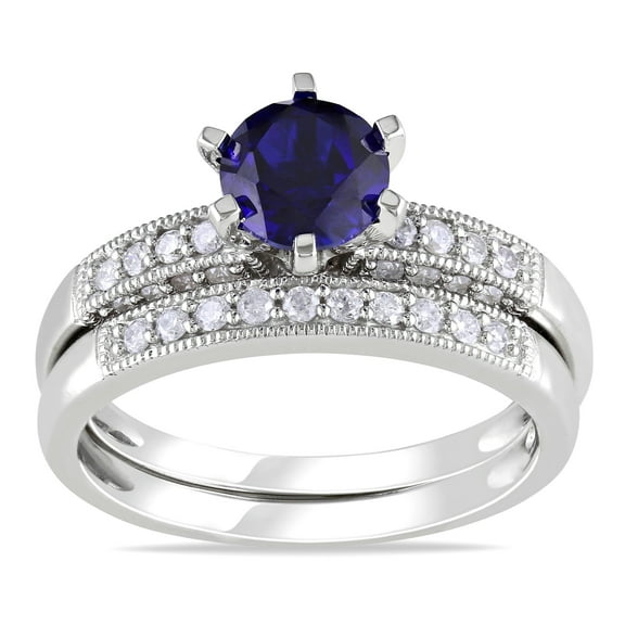 Inexpensive 2 Carat 6mm Round Cut Blue Sapphire Moissanite Diamond Wedding Ring Set for Her In 10k White Gold