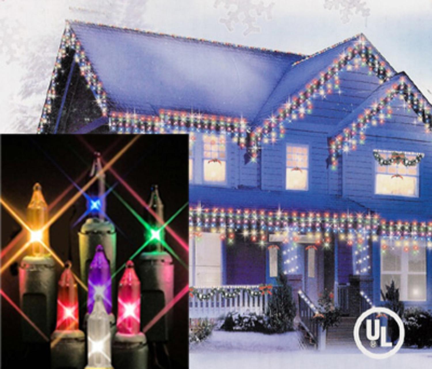 Set of 100 MultiColor Icicle Christmas Lights Green Wire