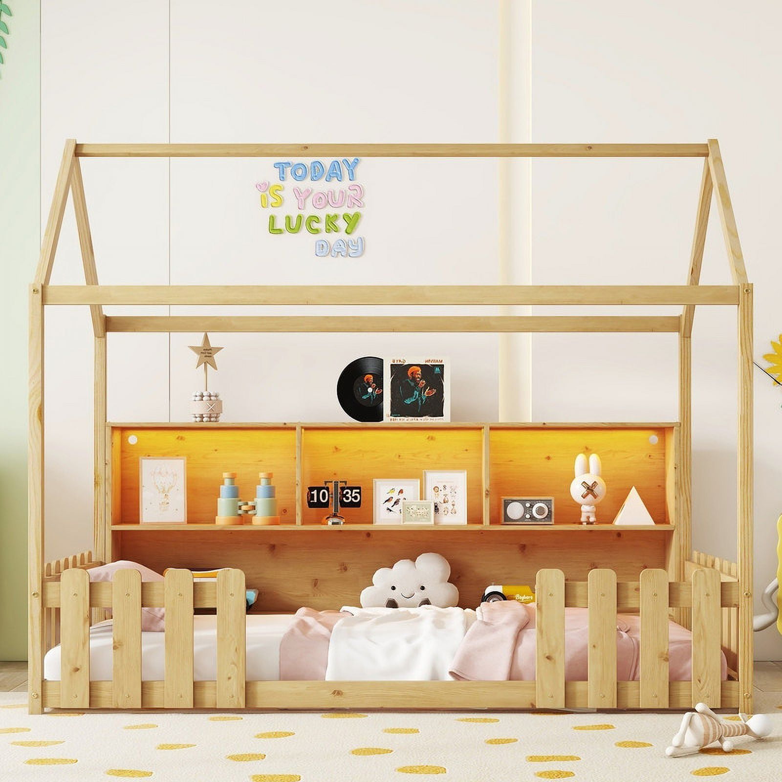 Mirightone Twin Size House Bed frame, Twin Floor Bed with High Rails & Storage Shelves, Montessori Bed with LED Light, Solid Wood House Floor Bed (Natural)