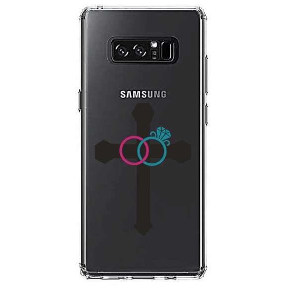 DistinctInk Clear Shockproof Hybrid Case for Samsung Galaxy Note 8 - TPU Bumper Acrylic Back Tempered Glass Screen Protector - Wedding Rings Cross Jesus