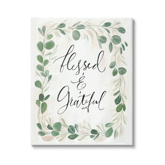 Stupell Industries Blessed & Grateful Botanical Eucalyptus Border Calligraphy Graphic Art Gallery Wrapped Canvas Print Wall Art, Design by Caverly Smith