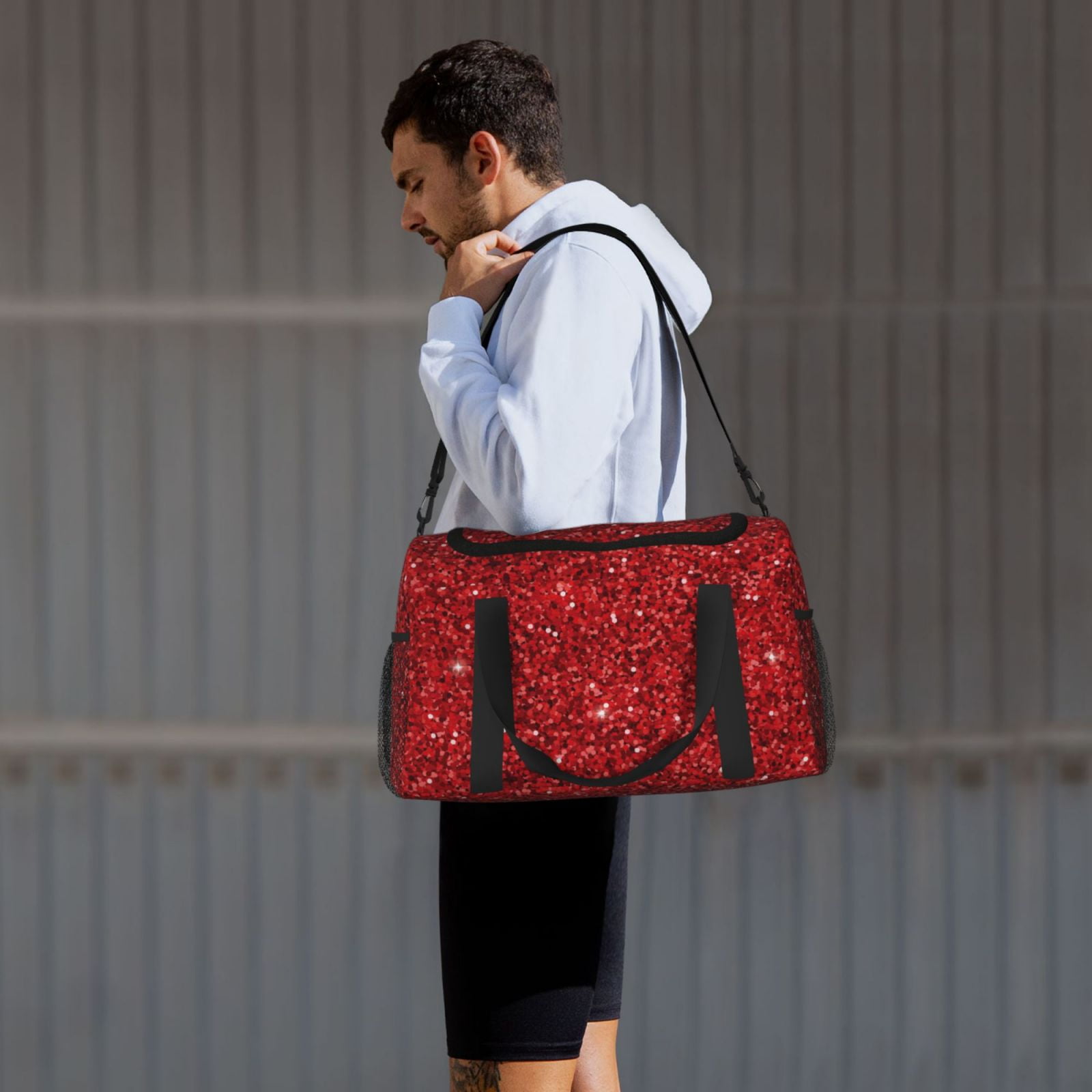 Ratiio Red Glitter Pattern Hand Travel Bag, Weekender Carry On for Women Men, Sports Gym Bag, Workout Duffel Bag, Overnight Shoulder Bag fit 15.6 Inch Laptop