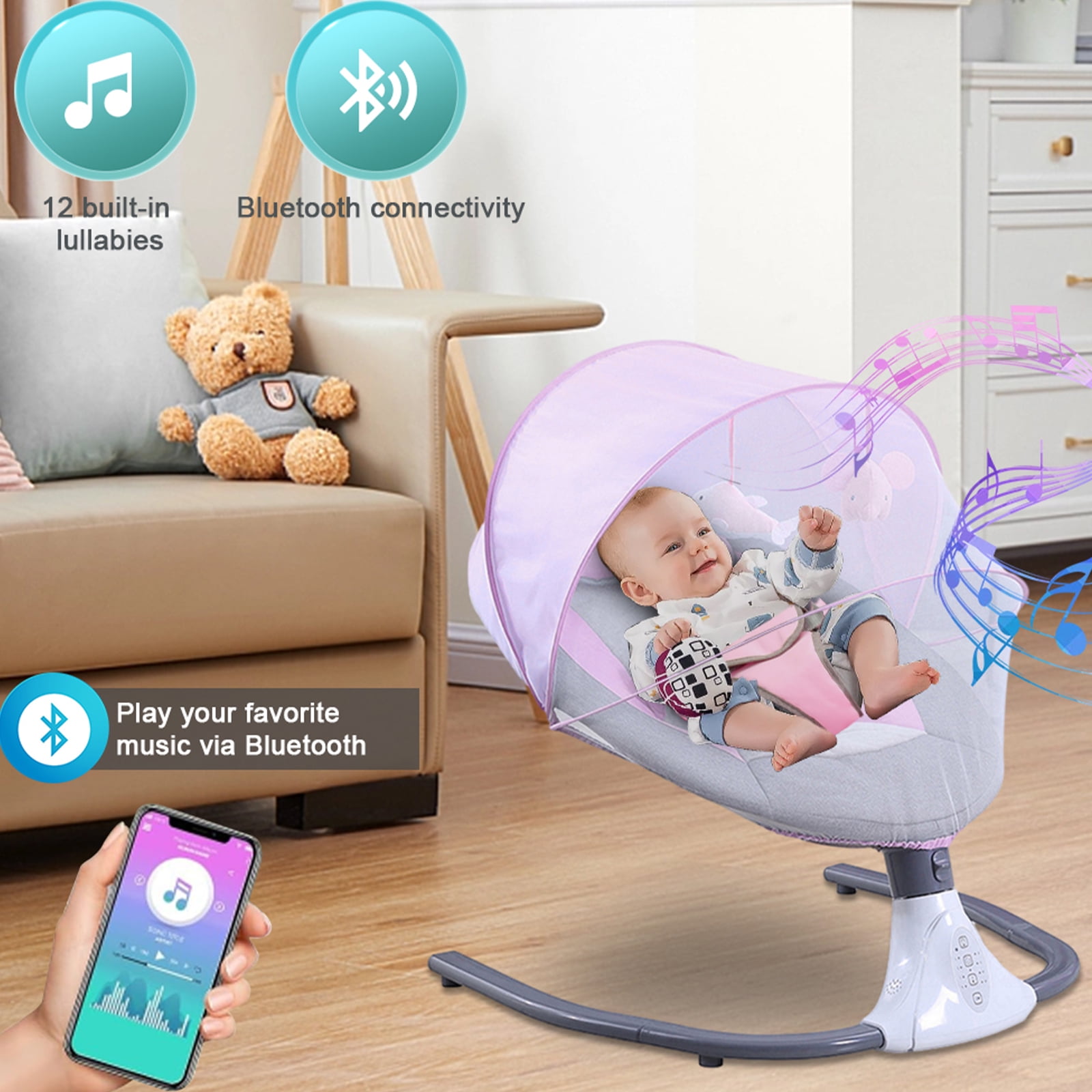 Yabanana Electric Baby Swing for Infant Portable Musical Swing with Remote Control, Bluetooth,Unisex, Pink
