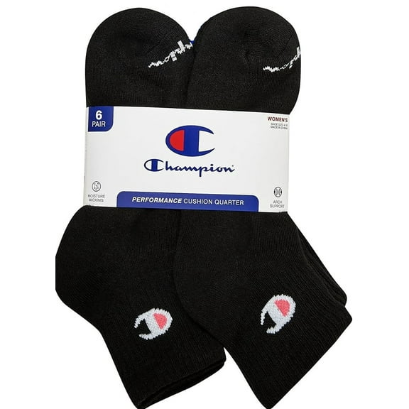 CHAMPION SOCKS WOMEN'S - QUARTER CUT - 253 BLACK PINK - SHOE SZ 5-9 PACK 6