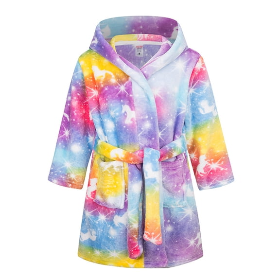 Qudderr Toddler Baby Boys Girls Flannel Robes Sleepwear Kids Fall Winter Printed Bathrobes Warm Hooded Night-Robe for Girls Boys 2-13 Years Old