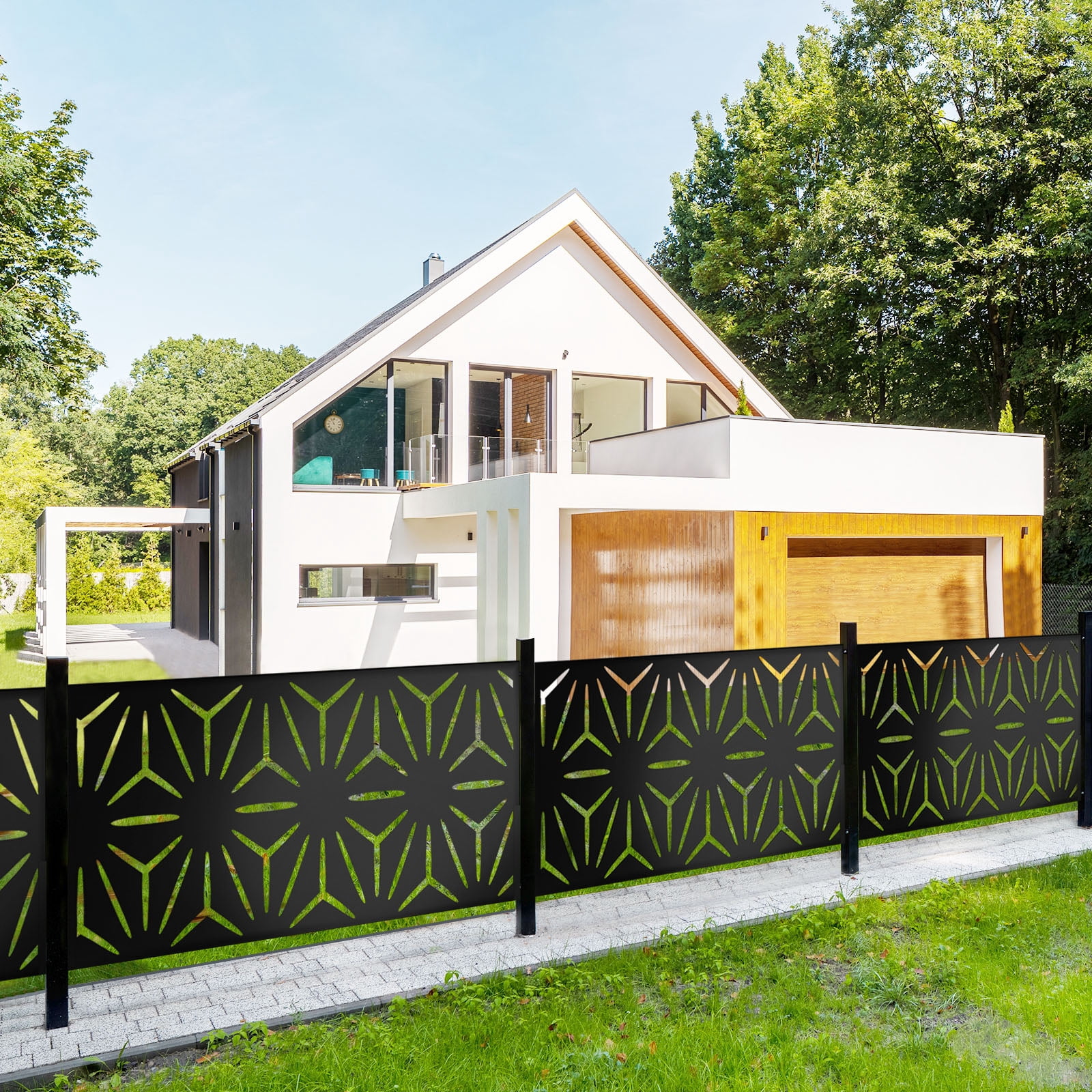 MAYEERTY 72×47" Outdoor Black Metal Privacy Panel Screen for Backyard & Garden, Geometric Starburst Pattern