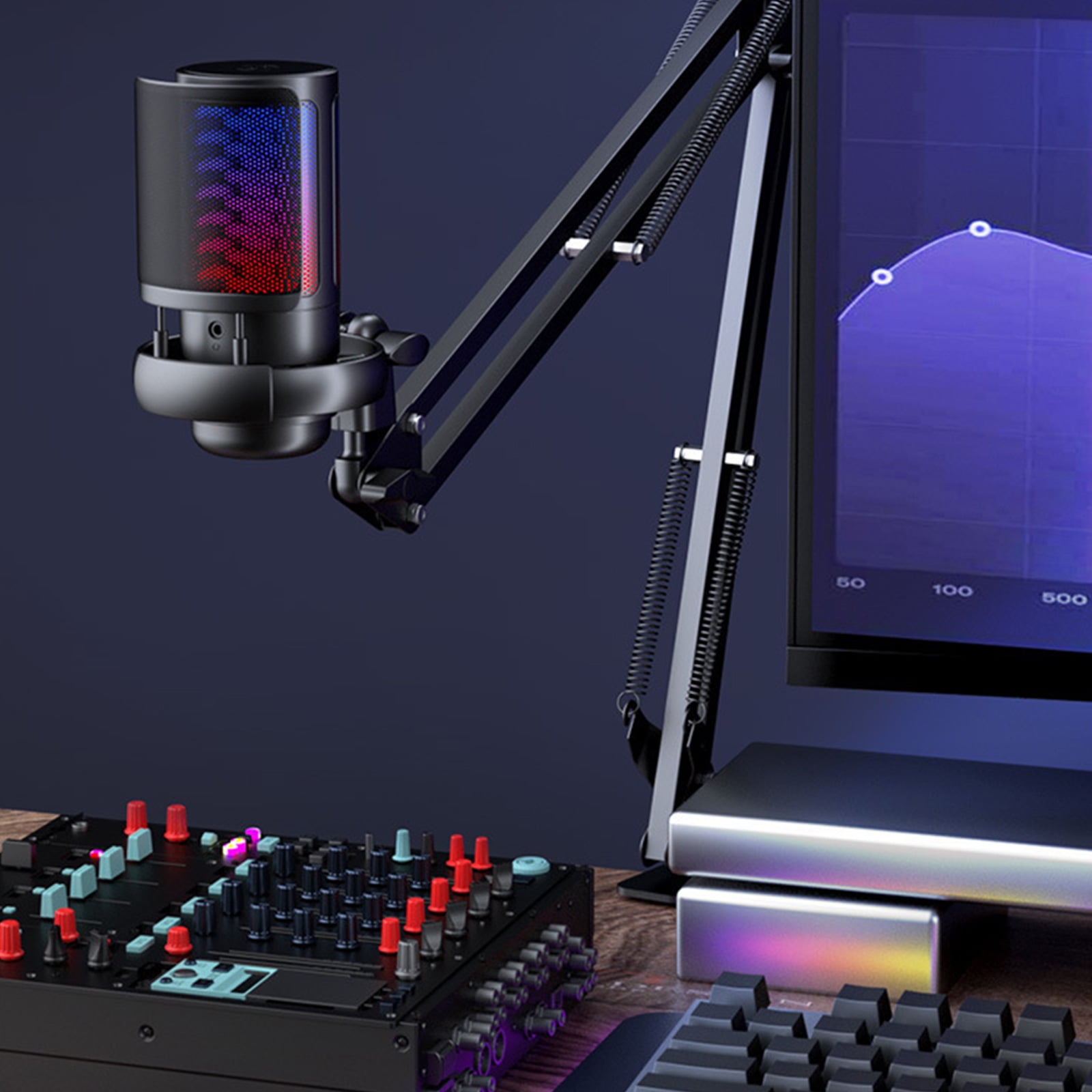 Professional Gaming Microphone Desktop USB Clip Mount Mic with Detachable Metal Shock Mount & LED Light Effects