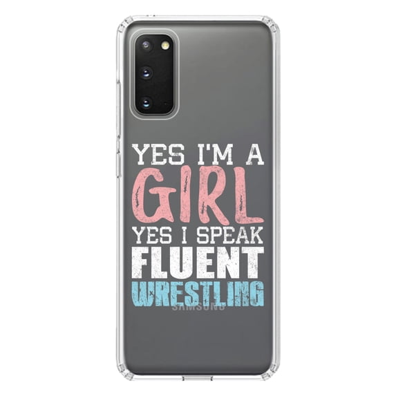 DistinctInk Clear Shockproof Hybrid Case for Galaxy S20 PLUS / 5G (6.7" Screen) - TPU Bumper Acrylic Back Tempered Glass Screen Protector - Yes I'm a Girl Yes I Speak Fluent Wrestling