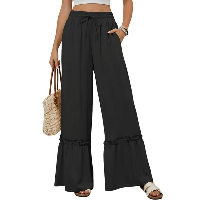Pantalones Palazzo de Cintura Alta y Pierna para Mujer, Pantalones Playeros con Encaje Fluido, Trajes de Verano Negros L