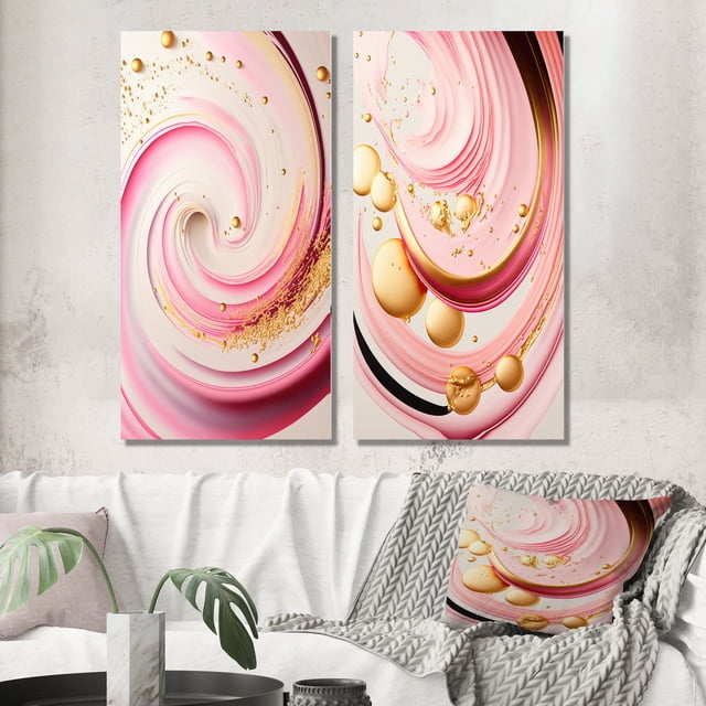 Designart "Circular Pink and Gold Abstraction I" Abstract Spirals Wall Art Set Of 2 - Pink Abstract Gallery Wall Set For Home Decor