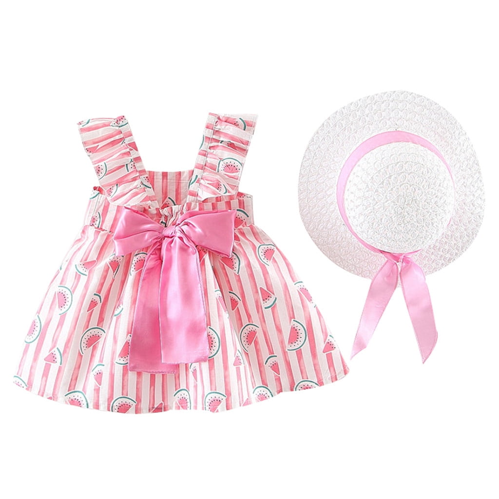 Toddler Baby Kids Girls Skirt+Hat Floral Ruched Bow Watermelon Print Princess Dress Clothes
