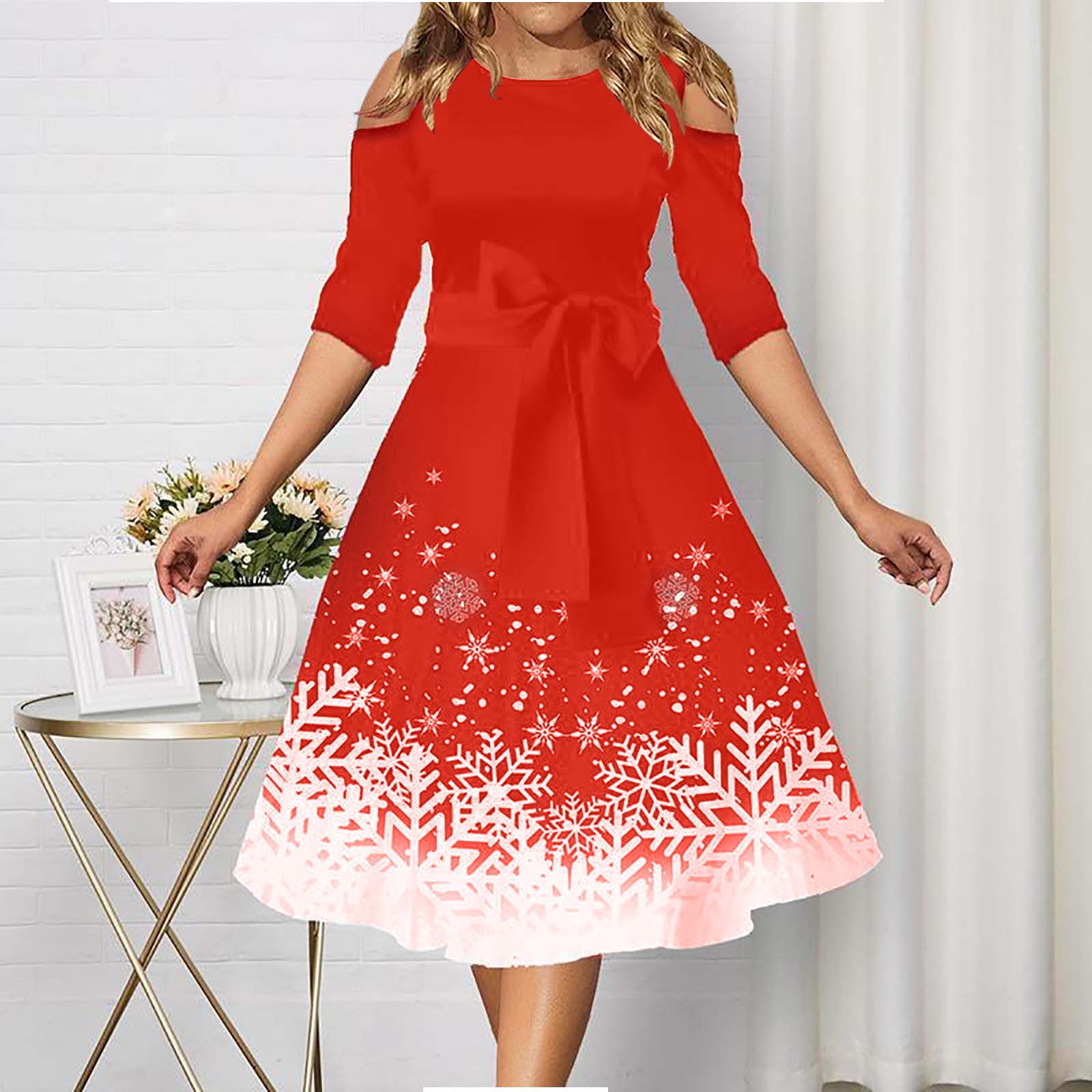 Plus Size Dresses for Curvy Women Christmas Party American Trends Dresses For Women 2024 Party Christmas Ladies Christmas Snowflake Print Round Neck Off Shoulder Waistband Big Christmas Dress F444 Wal...
