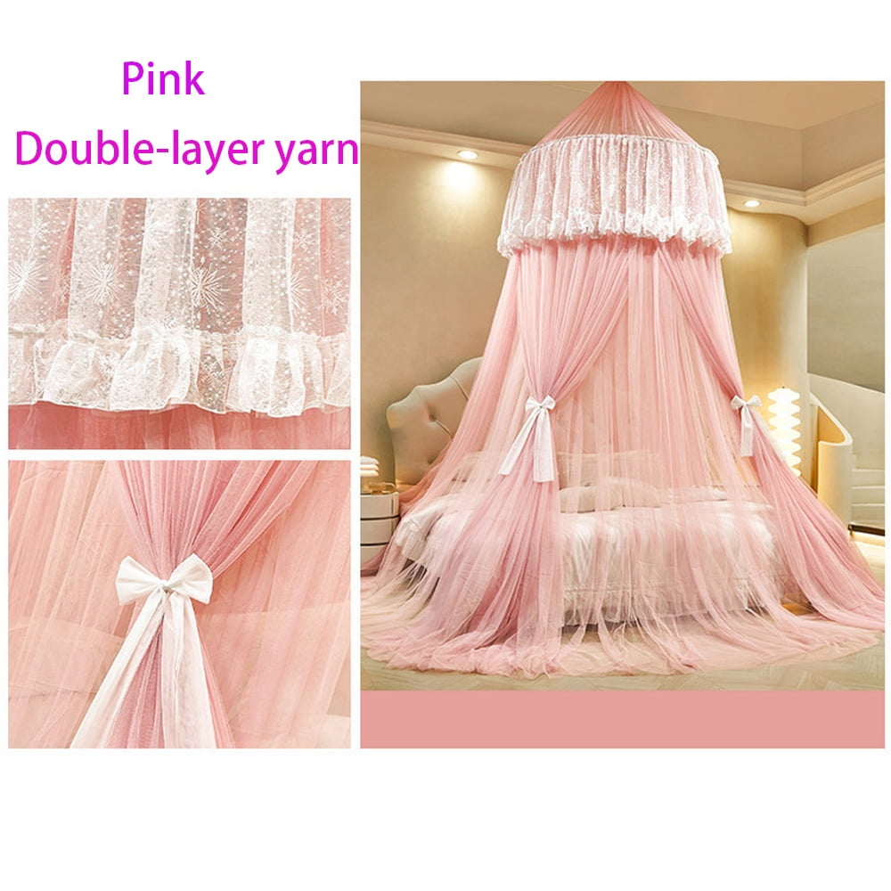 Kadahis Bed Canopy for Girls & Adults, Round Dome Lace Princess Canopies Netting, Cute Double Layer Bed Canopy Drapes for Decoration, Playing,Reading, Sleepping