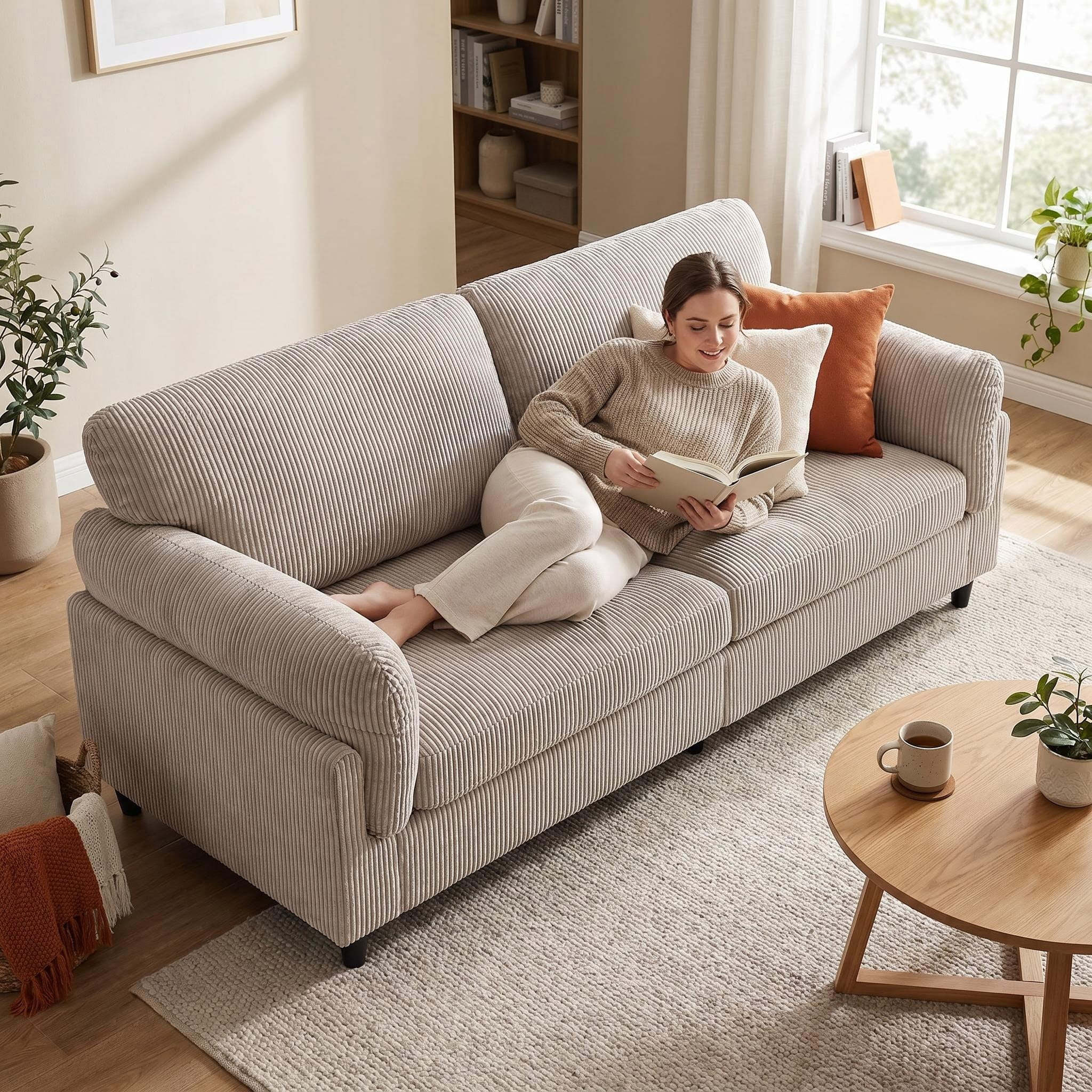 MOONMISS 82.6" Retro Corduroy Loveseat Sofa with Solid Wood Legs, 2-Seater Modern Upholstered Couch for Living Room,Bedroom,Camel