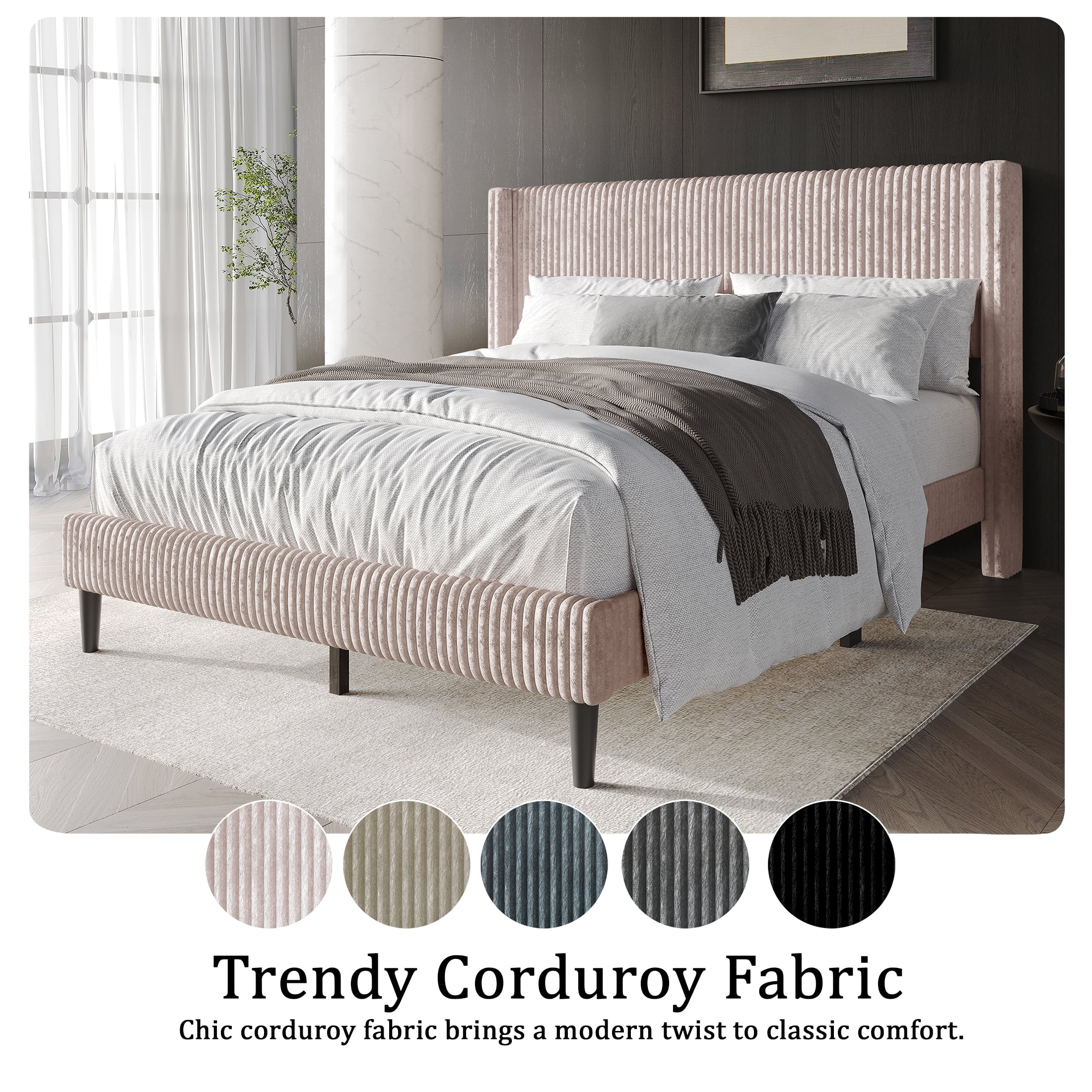 Castle Place Modern Wingback Corduroy Velvet Upholstered King Platform Bed, Light Blue