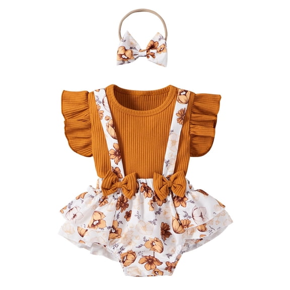 Otqutp Outdoor Clothing for Toddler Girls Ruffles Long Sleeve Floral Print Romper Bowknot Ribbed Bodysuits Headbands Outfits