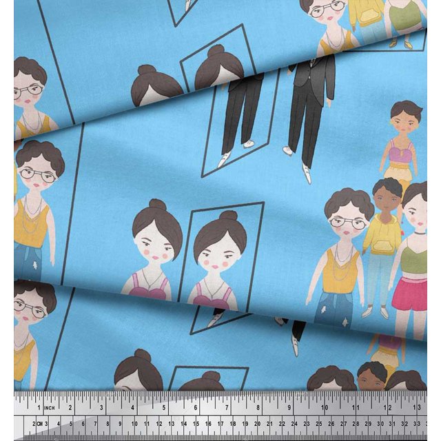 Soimoi Blue polyester Crepe Fabric Mirror Theme Human Figure Print Fabric by the Yard 42 Inch Wide