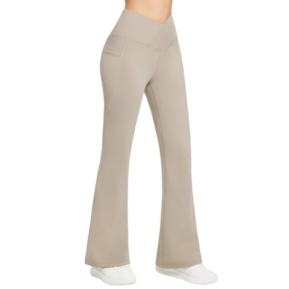 BALEAF Women's Fleece Lined Pants Winter Thermal Warm Flare Leggings Bootcut Yoga Pants Bell Bottom with Pockets Beige 32" L