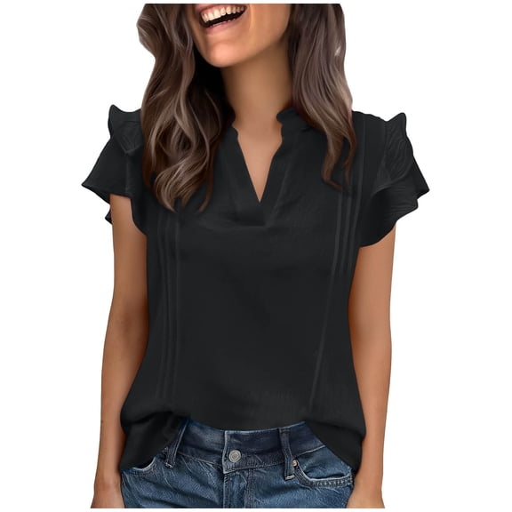hoksml Women's Lightweight Ruffled V-Neck Blouse with Flutter Sleeves, Pleated Detail, Short Sleeve Casual Summer Work Top