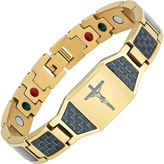 Magnetic Bracelet for Men, Christian Cross Jesus Carbon Fiber Stainless Steel Bracelet, Religious Health Jewelry Gifts (Gold)