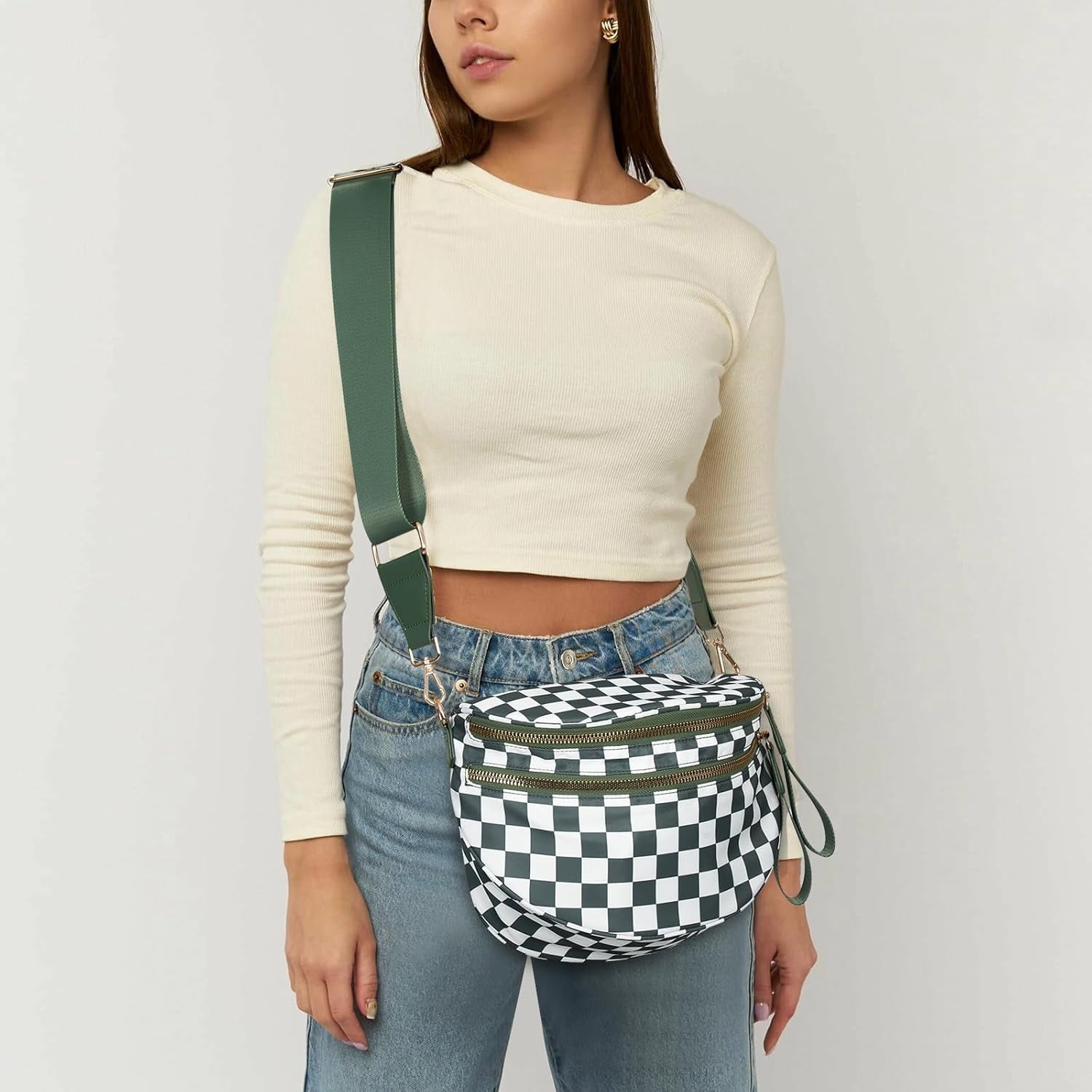 Checkered Crossbody Bag,Spacious Bum Bags for Women Nylon Crossbody Fanny Packs Checkered Purse Belt Wallet