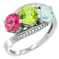 thumbnail image 1 of 14K White Gold Natural Pink Topaz, Peridot & Aquamarine 3 stone Ring Round 6mm Diamond Accent, size 6, 1 of 2