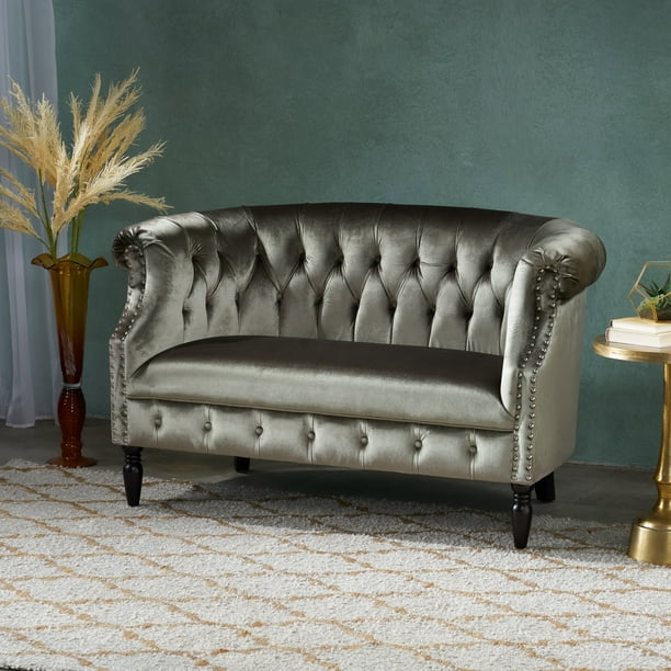 Noble House Myrna Tufted Chesterfield Velvet Loveseat with Scrolled