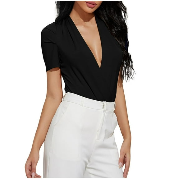 Mittory Women's Summer Bodysuit Tops Sexy Pleated V Neck Blouses Short Sleeve Casual Business Work Shirts