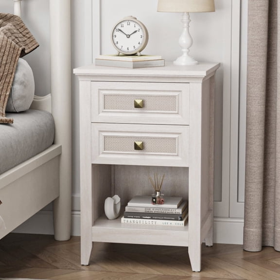 Farmhouse Boho Rattan Nightstand with 2 Drawers & Open Storage Shelf, Grayish White Wood Bedside Table, Accent End Side Table for Bedroom Living Room Home Office