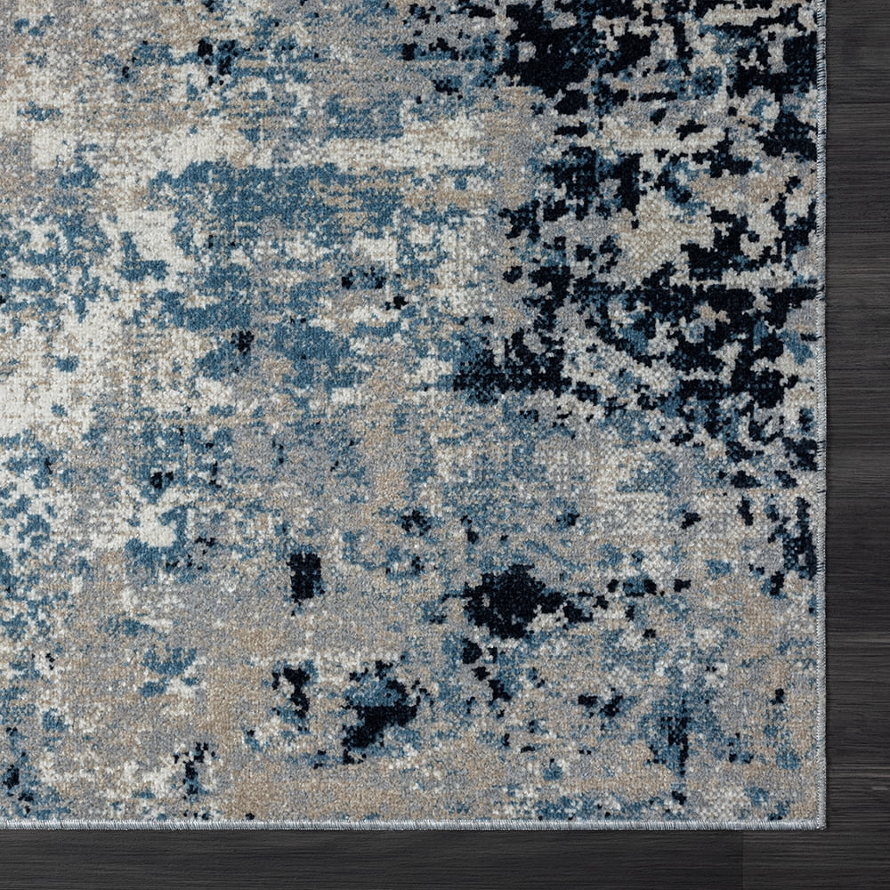 LR Home Han 5' x 7' Blue/Beige Abstract Machine Washable Indoor Area Rug