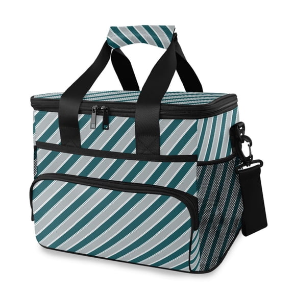 FORMRS Insulated Cooler Bag 24 Cans Capacity Soft Leakproof Lunch Box with Side Pockets, Green Stripes Pattern
