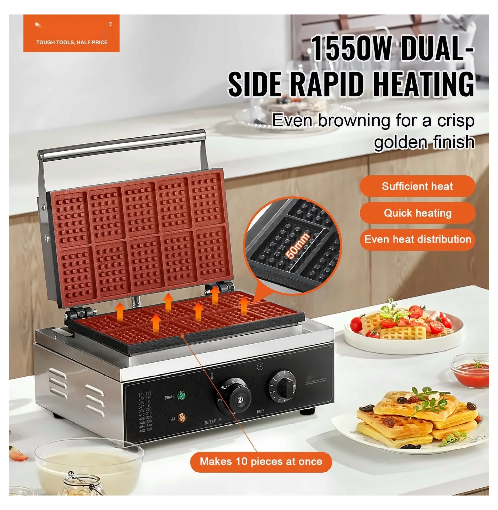 Commercial Waffle Maker, 10 Rectangular Waffles 1550W - Stainless Steel Baker Machine with Temperature Control & Timer for Restaurant, Home, Snack Stall