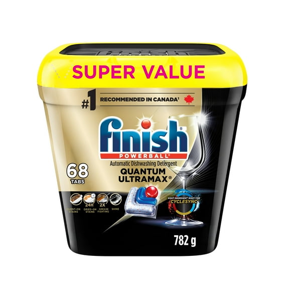 Finish® Quantum UltraMAX® Lessive automatique pour lave-vaisselle, frais – Élimine les taches brûlées et les taches séchées pendant 24 h, pas de pré-rinçage nécessaire, 68 pastilles