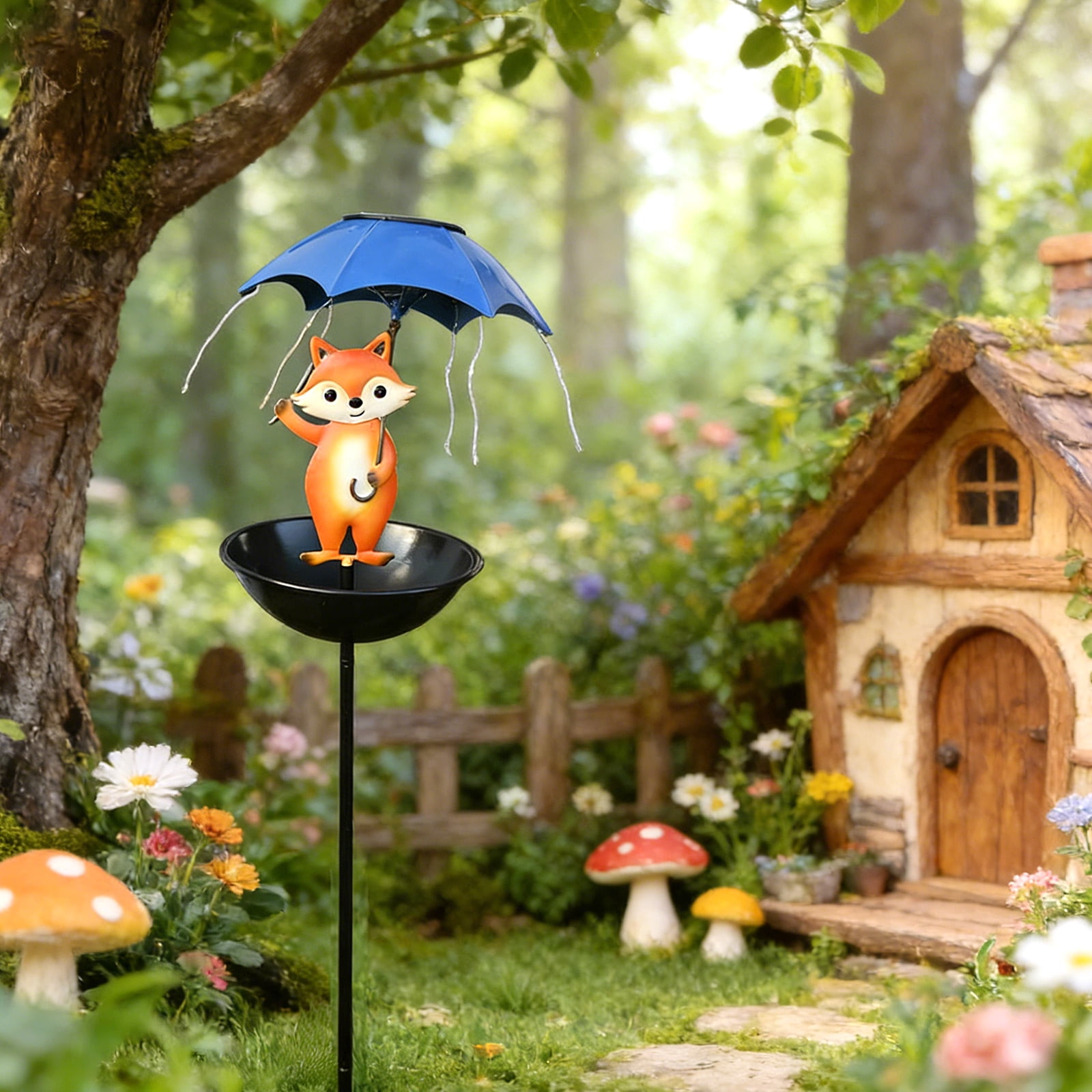 Solar Bird Feeder for Outside, Cute Fox Garden Statue with Umbrella, Outdoor LED Decor Lights, Yard Art Ornament for Patio Lawn Path, Unique Easter Decorations A