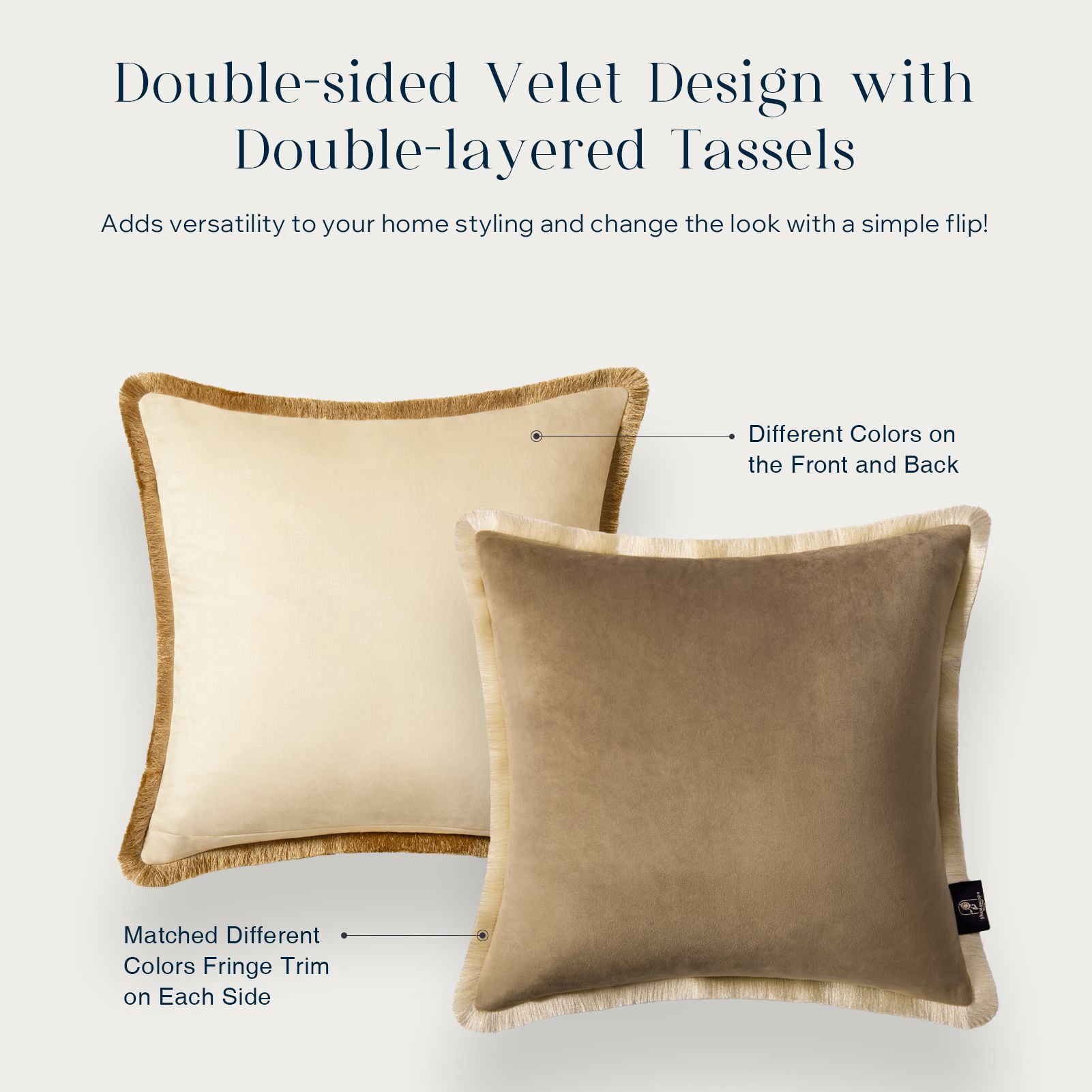 Phantoscope Velvet Decorative Throw Pillows with Inserts, Double-Sided Two-Tone Tassel Trim, 18 x 18 in, Light Coffee, 2 Pack